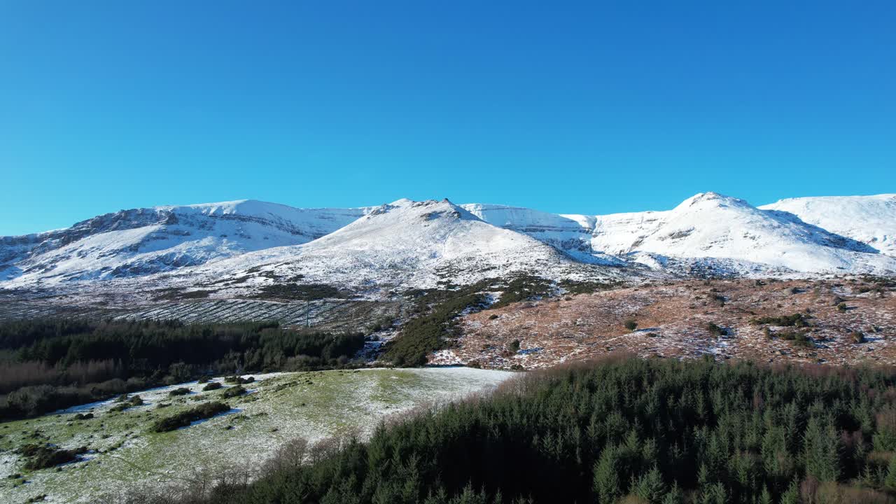 Irish Mountains drone panorama of snow covered Comeragh Mountain Range Waterford Ireland Epic Locations and Landscapes