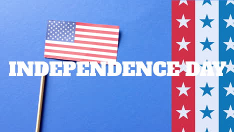 animation of independence day text with stars on stripes and flag of america on blue background