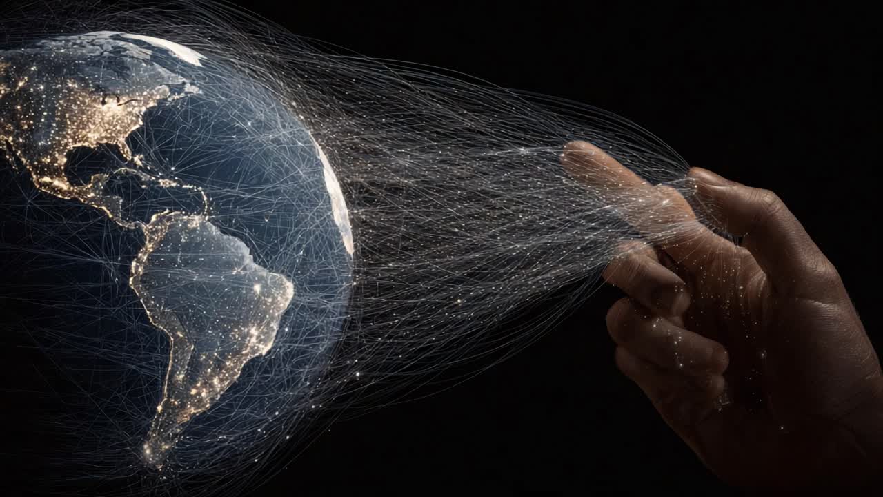 Person's finger touching streams of glowing particles connecting the Americas on a night view of planet Earth, symbolizing global communication, big data, and futuristic internet technology