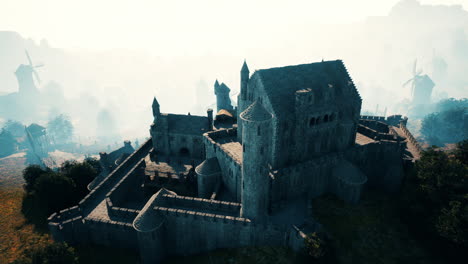 ancient stone castle with foggy landscape