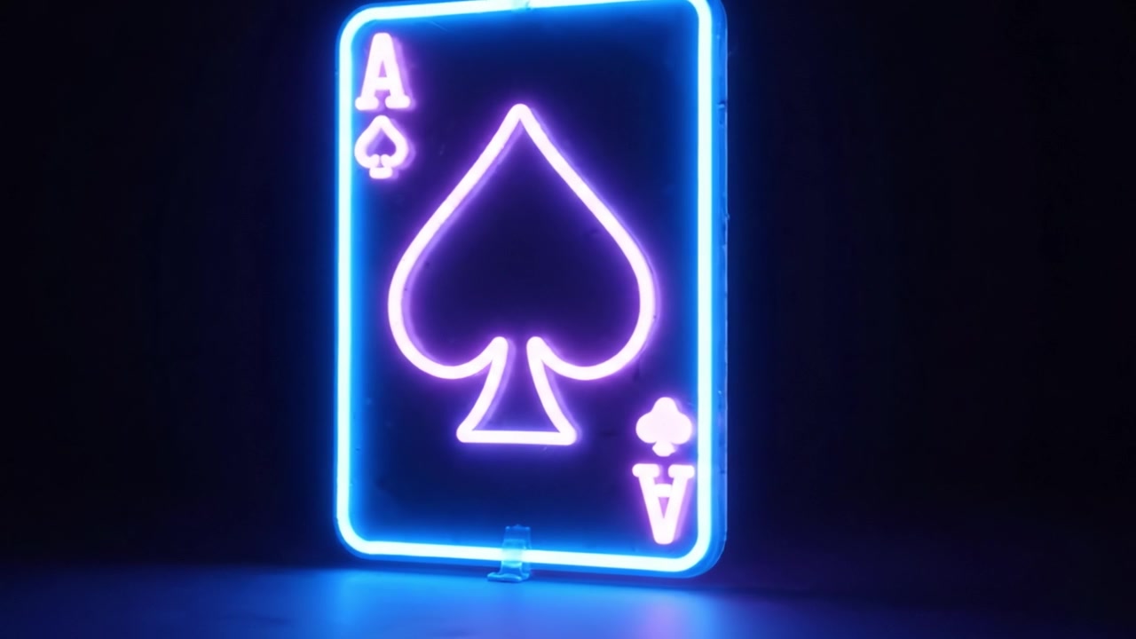 A Stunning Neon Display of the Ace of Spades Playing Card, Emphasizing Its Elegant Design and Vibrant Colors in a Dark Background Setting