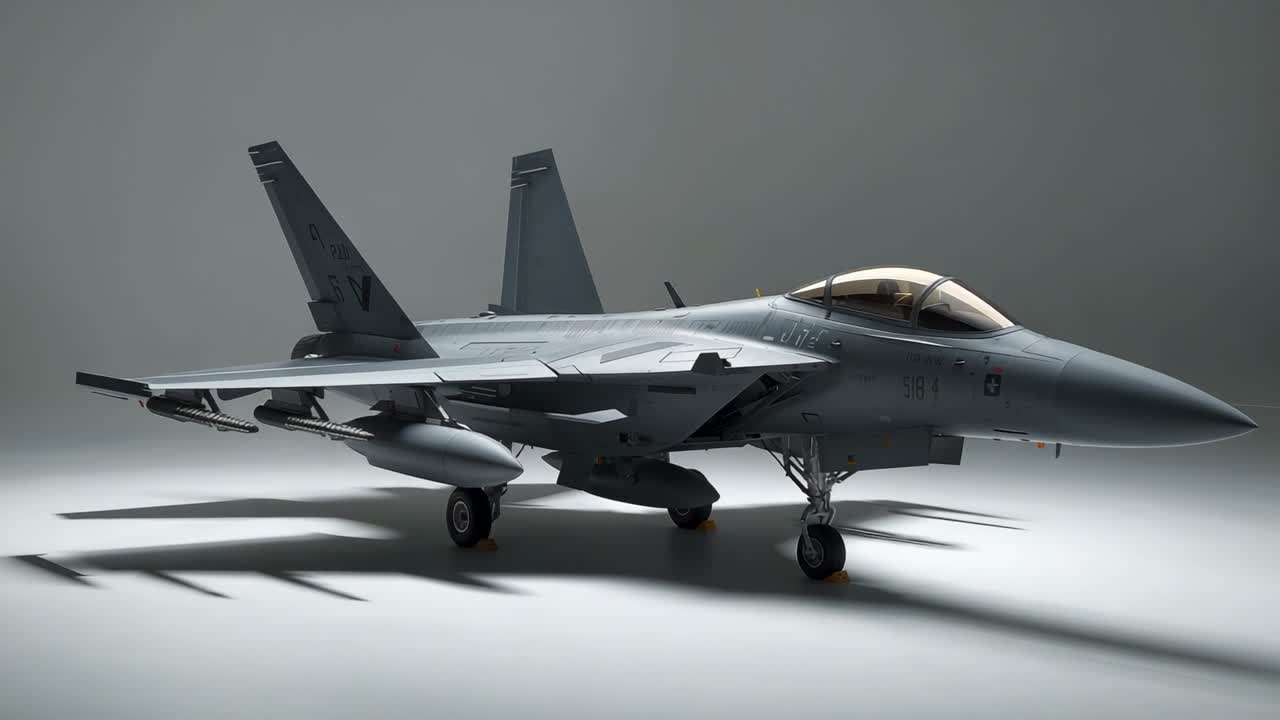 Studio lights illuminating twin-engine fighter jet on landing gear featuring drop tank