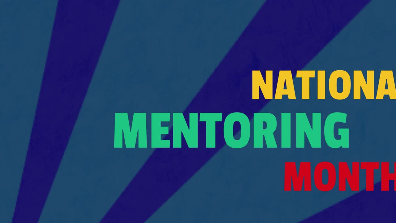 파란색 배경의 줄무 ⁇  위에 있는 국가 멘토링 달 텍스트의 애니메이션