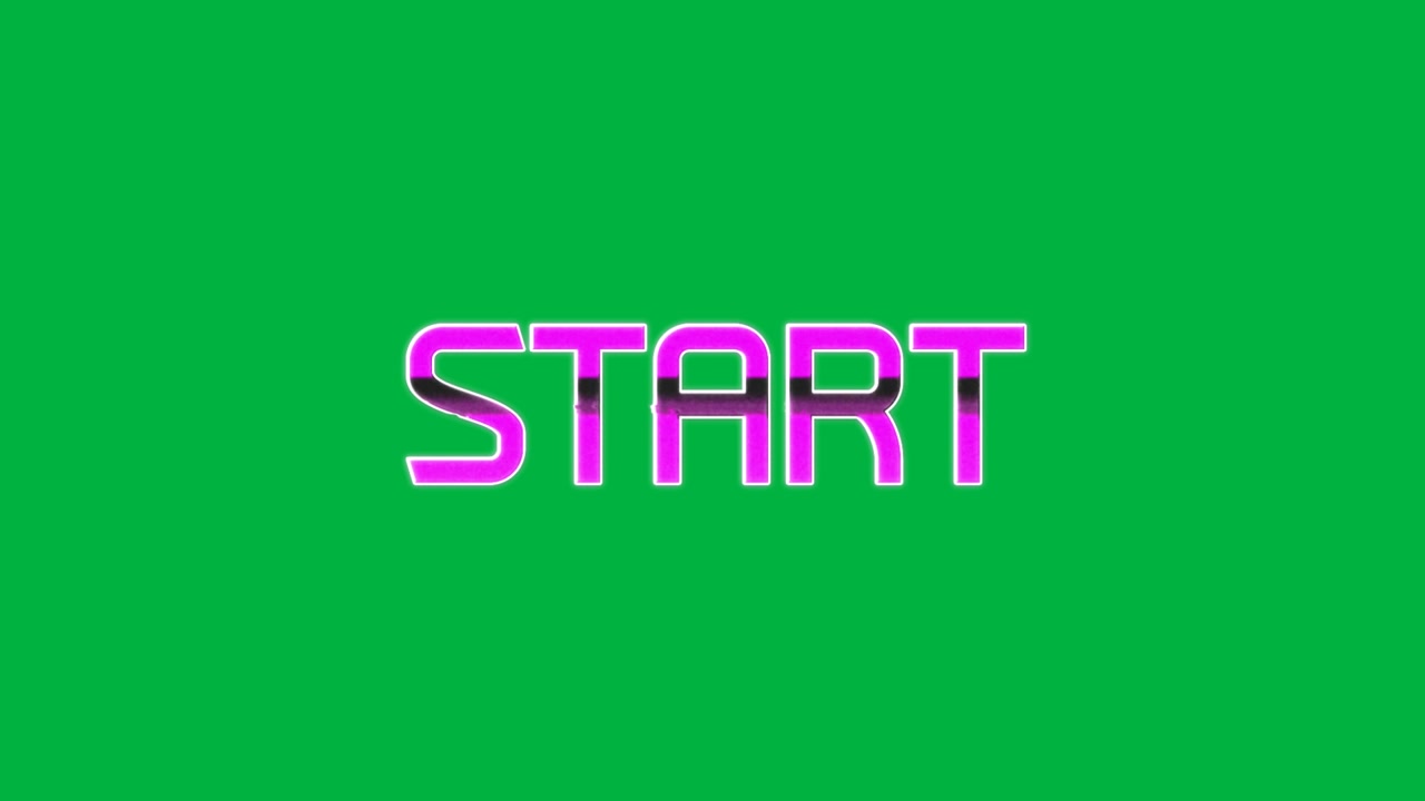 Punti che appaiono, formando un "START" magenta; una transizione a scorrimento bianca rivela lettere al neon su sfondo trasparente
