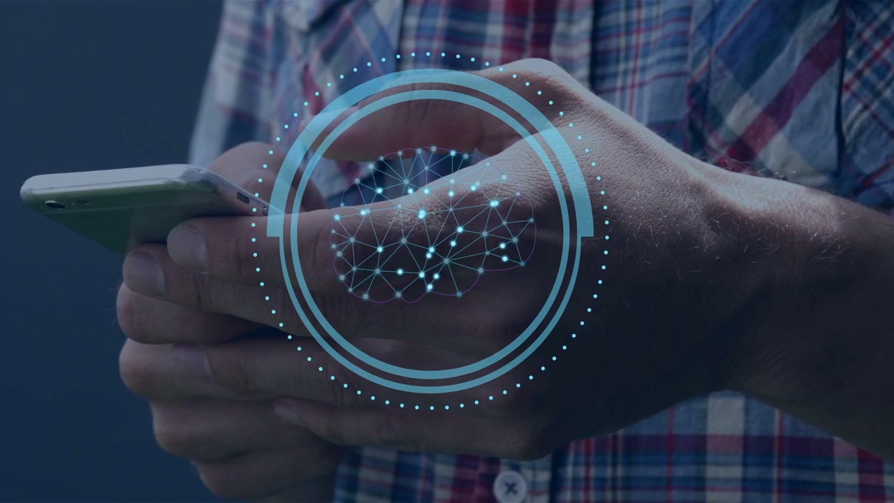 Adult male holding phone, tapping screen causing AI HUD pulsing, forming brain mesh and ending scan