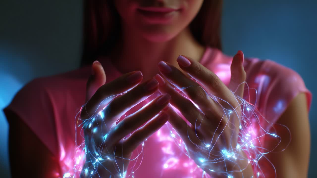 A mesmerizing visual of light and beauty captured in two striking frames, depicting a woman gently holding illuminated strands that cast an enchanting glow, creating an ethereal atmosphere filled with wonder