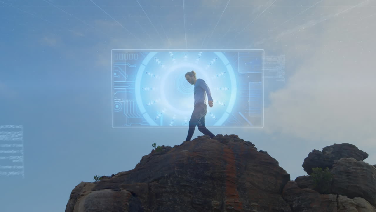 산의 인간에 대한 범위 스캐닝과 데이터 처리 애니메이션