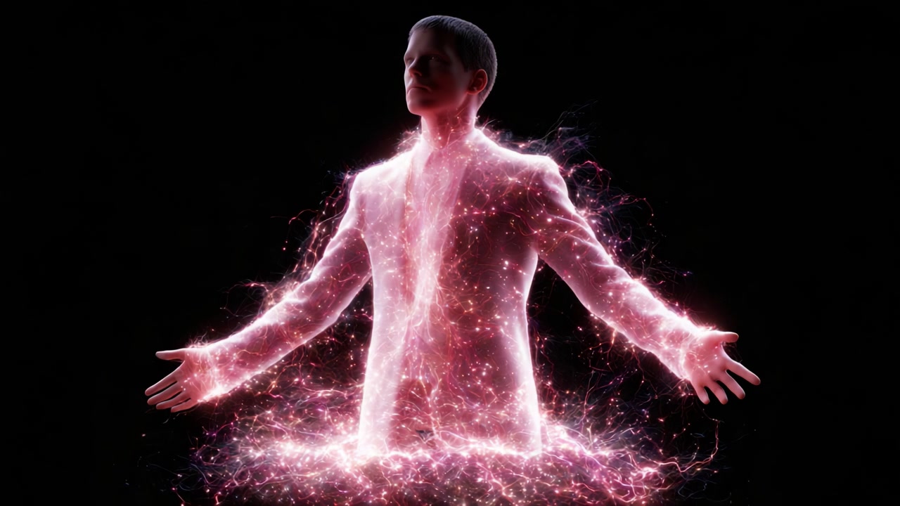 A Mystical Figure Surrounded by Ethereal Energy: The Transformation of a Silhouette Amidst a Cosmic Display of Light and Motion