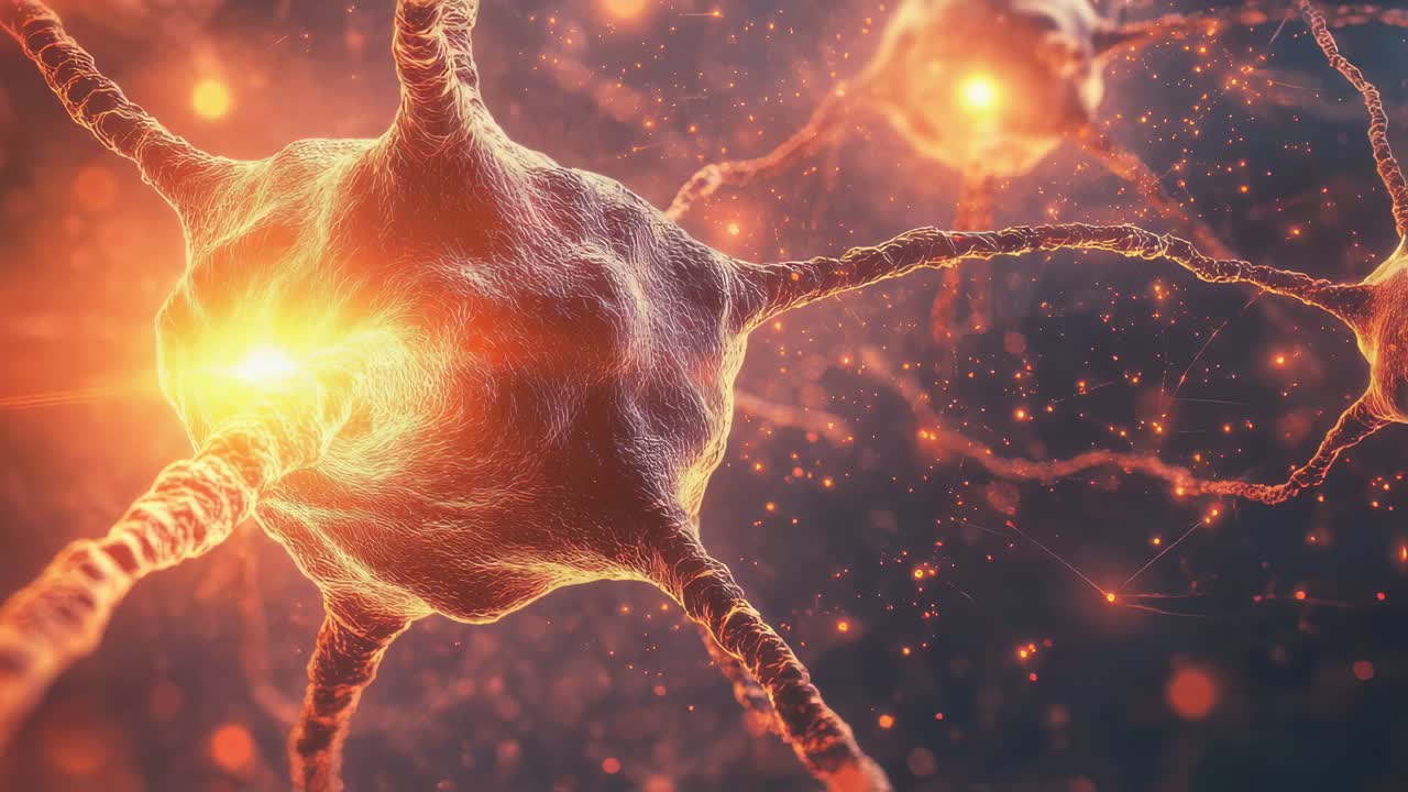 Glowing neurons transmitting electrical signals across interconnected synapses, visualizing complex neural network dynamics within biological communication pathways