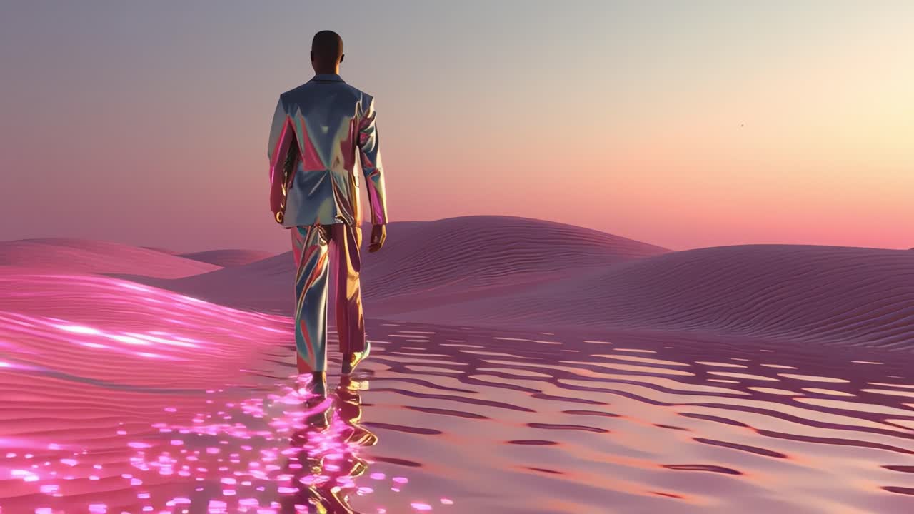 A solitary figure wearing a shiny metallic suit walks thoughtfully across a surreal landscape of shimmering water and soft pink dunes, embraced by vibrant hues of sunset