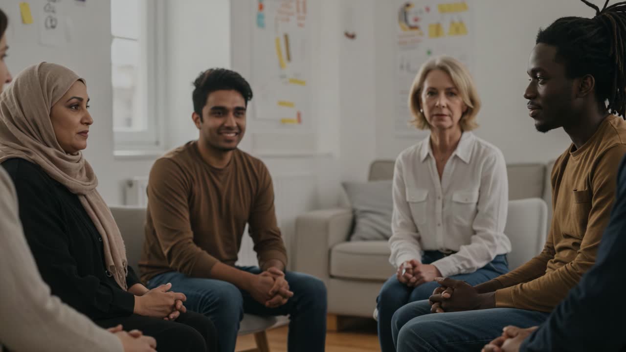 Supportgruppesession: En mangfoldig gruppe deltager i åben diskussion for at fremme forståelse og kontakt mellem deltagerne i et behageligt miljø