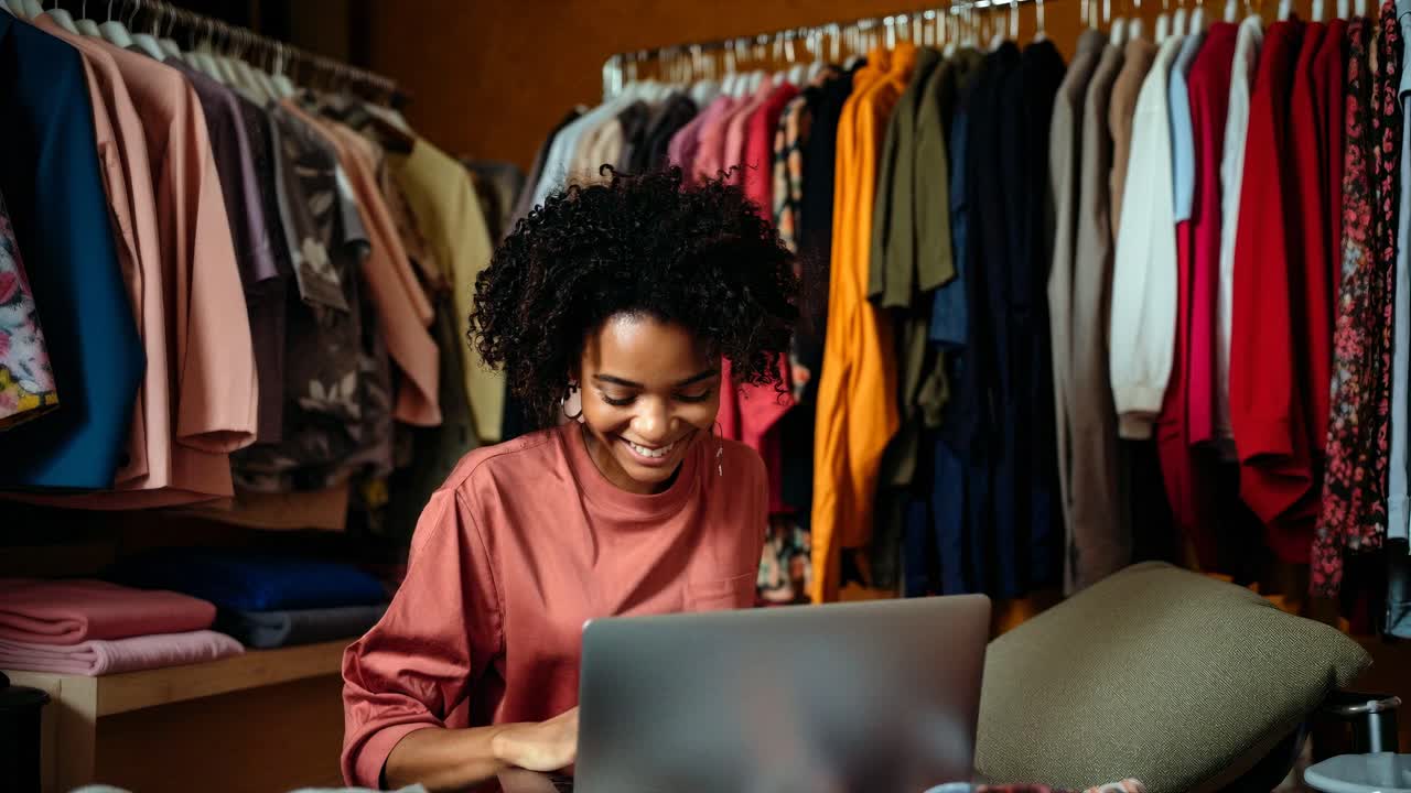 A woman smiles while working on a laptop in a clothing store. The video captures her from a front