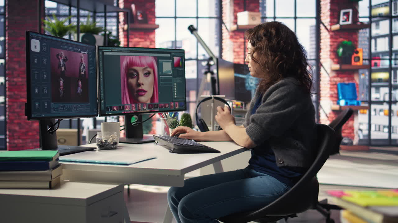Young photographer editing photos on a modern pc setup in agency office
