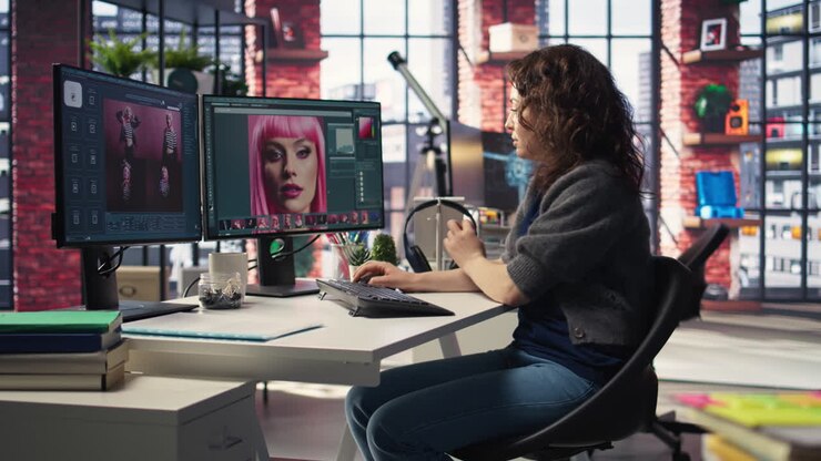 Ung fotograf redigerer billeder på et moderne pc-setup i agenturkontoret