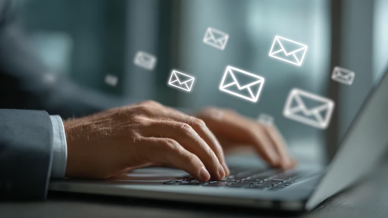 A Business Professional Engaged in Email Communication, Typing on a Laptop with Animated Email Icons Floating Above, Symbolizing Modern Digital Interaction