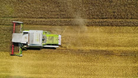 combine on harvest field. aerial view on the combine working on the large wheat field