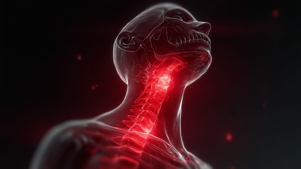 Una Rappresentazione Visiva dell'Anatomia Umana: Esplorando le Complessità del Collo e della Colonna Vertebrale in una Splendida Esposizione Illuminata di Strutture Biologiche.