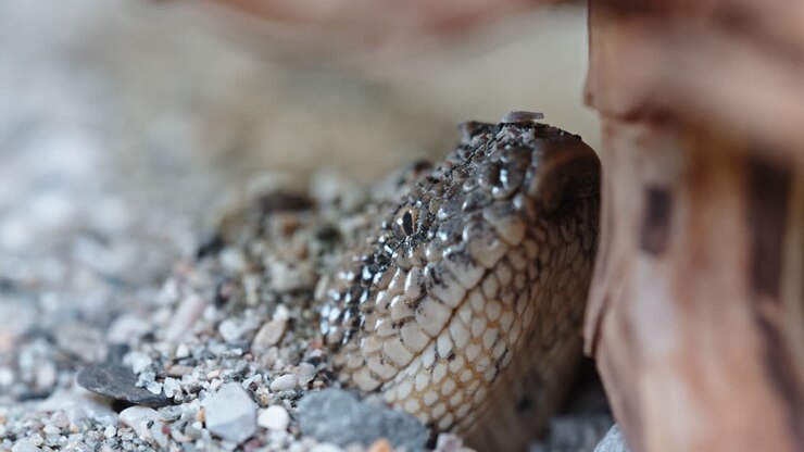Een zandboa gecamoufleerd in het zand bij een rots in een natuurlijke habitat, close-up