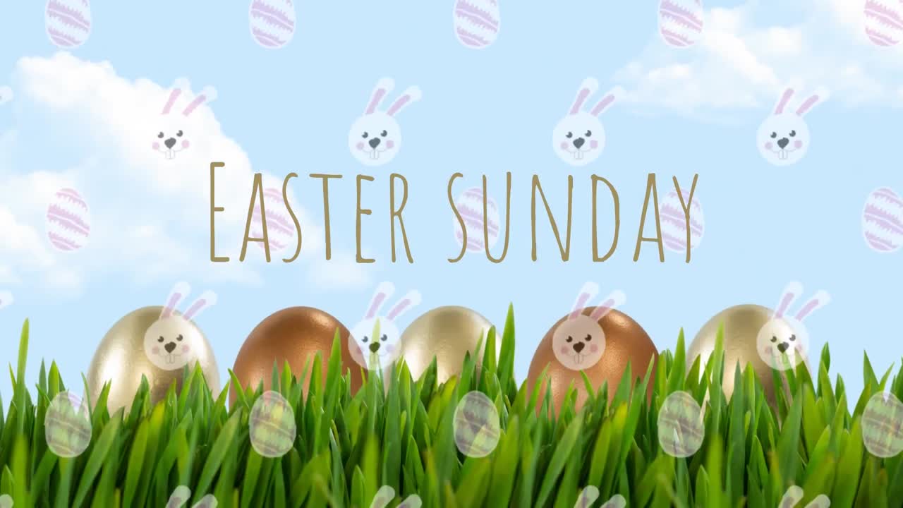 동방 일요일 텍스트와 잔디와 하늘 위의 토끼 패턴의 애니메이션