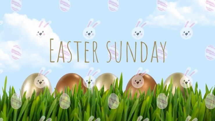 Animation of eastern sunday text and bunny pattern over grass and sky