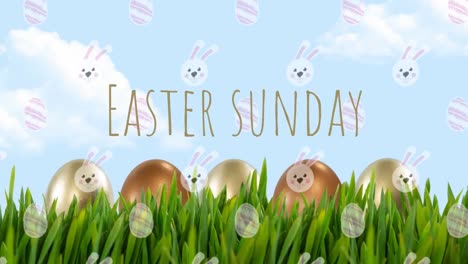 animation of eastern sunday text and bunny pattern over grass and sky