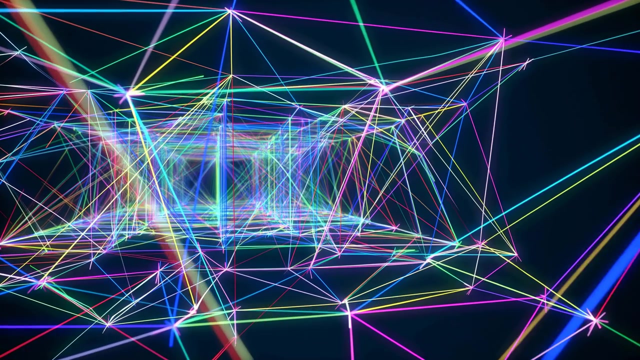 Symmetrical neon tunnel built from thin luminous lines and bright connection nodes, forming repeating geometric layers, vivid color contrast, central vanishing point, and immersive futuristic depth