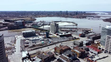 aerial view from gatineau of a hydro damn on the ottawa river in spring