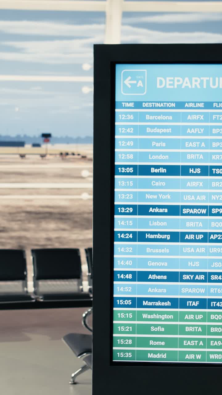 Información de vuelos desplazándose en una pantalla digital de salidas de aeropuerto