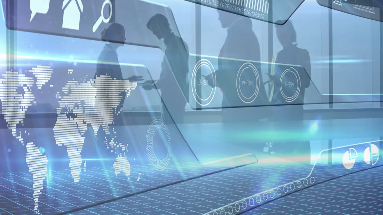 business team collaborating in futuristic office, projecting holographic map and data charts