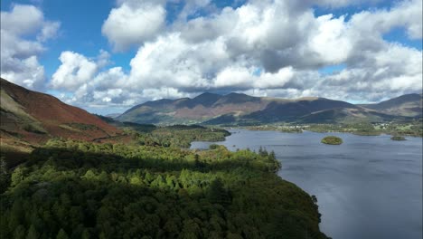 aerial view at derwent water with keswick in the distance, cumbria, uk