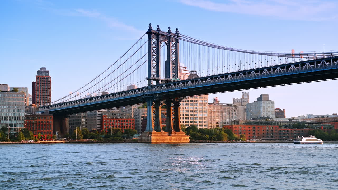 Spektakulær Manhattan Bridge i New York, USA. Lav engel-visning ved metropolens attraktion fra flodlandskabet