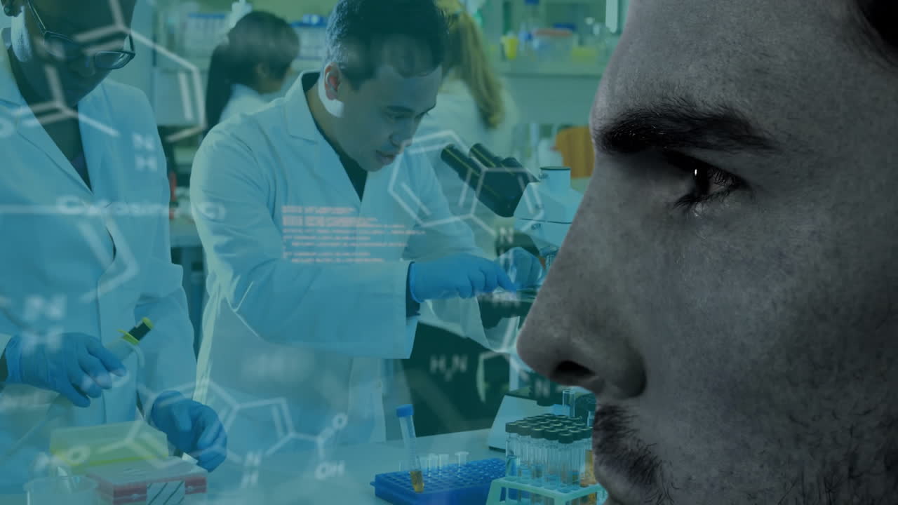 In laboratory, scientists working with chemical formula animation on close-up face