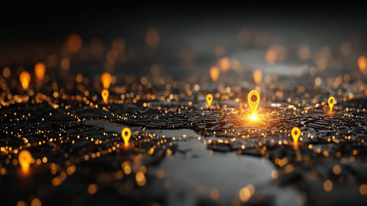 Una rete illuminata di segnaposto che mostra la connettività e i punti dati su una superficie di mappa geografica che si illumina di luce intensa