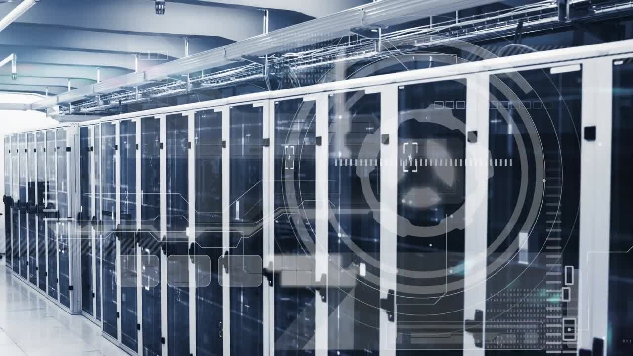 Animation of scope scanning and data processing over tech room with computer servers