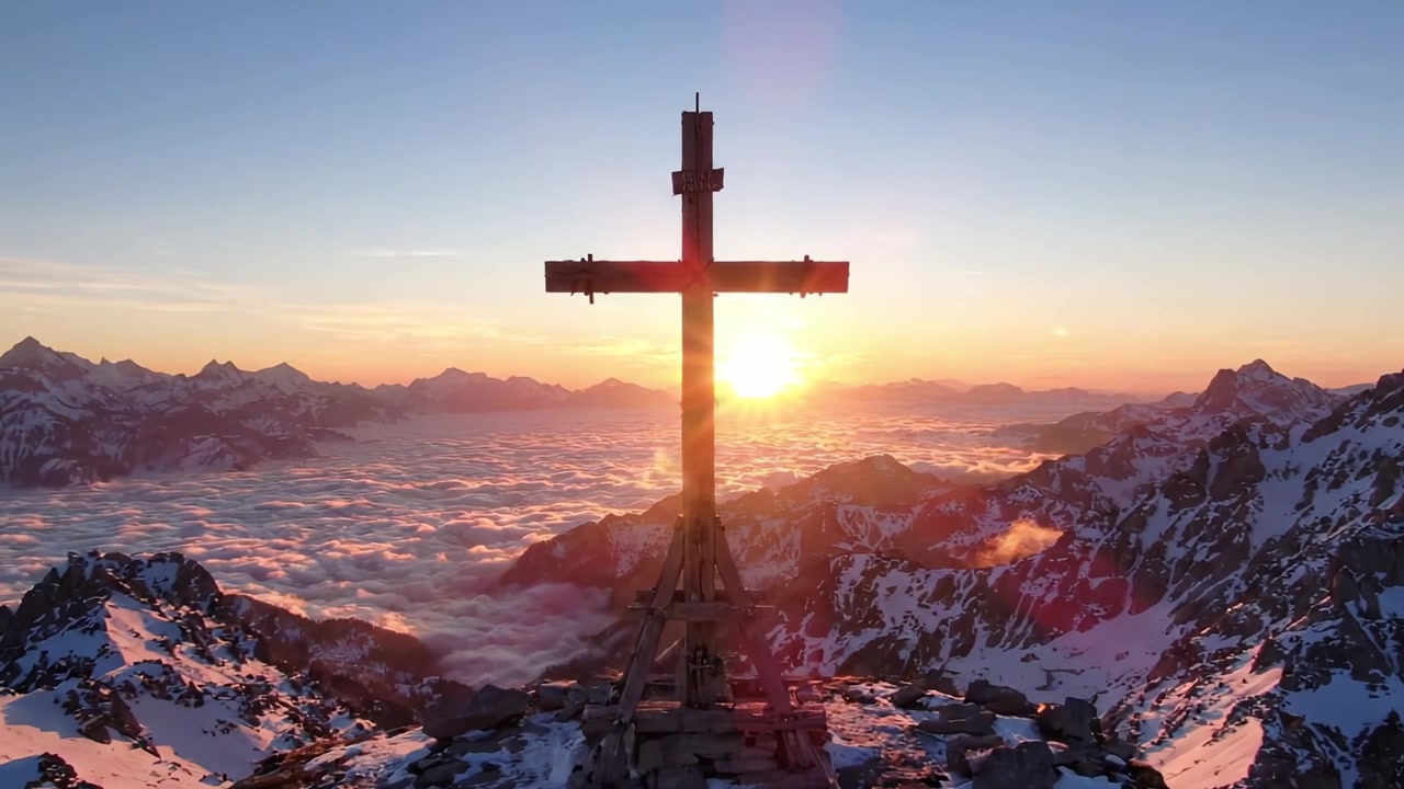 Majestätischer Sonnenaufgang über schneebedeckten Gipfeln: Ein Holzkreuz ragt inmitten ruhiger Wolken und einer Bergkette empor und fängt die Schönheit und Ruhe der Natur ein