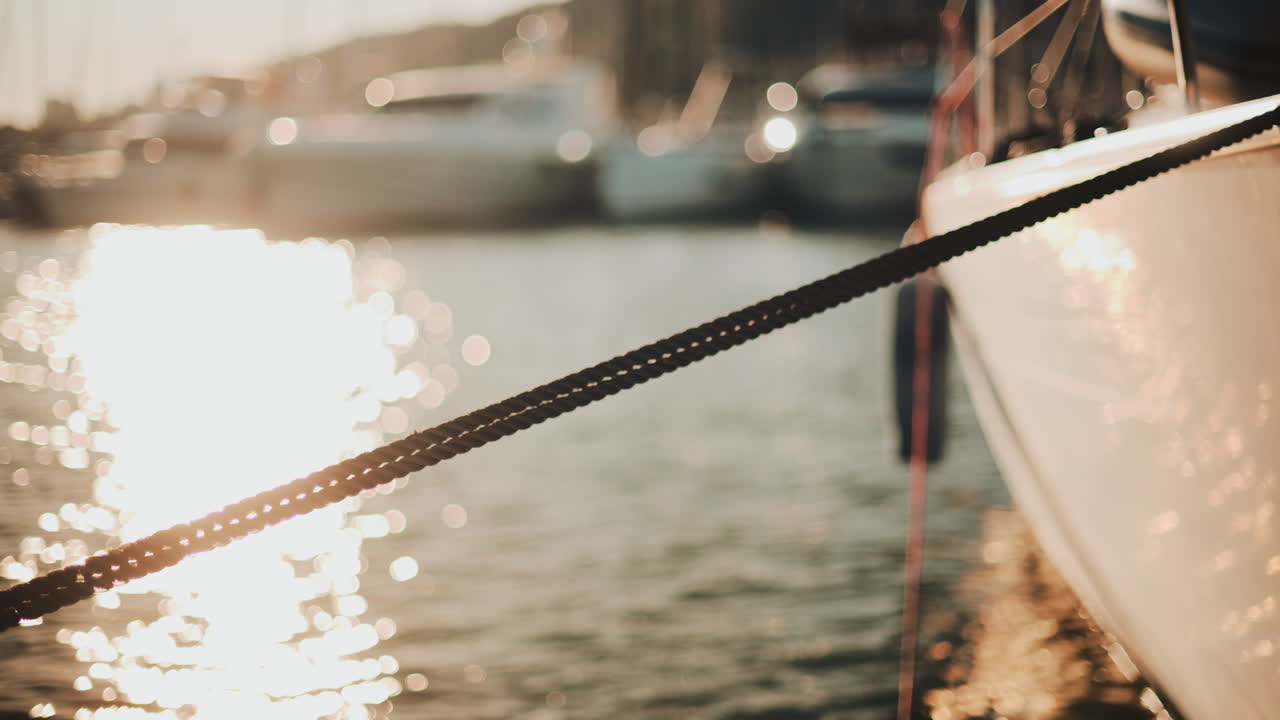 Golden sunlight shimmering on the side of a yacht floating on calm water