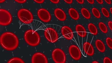 animation of dna strand over virus cells on black background