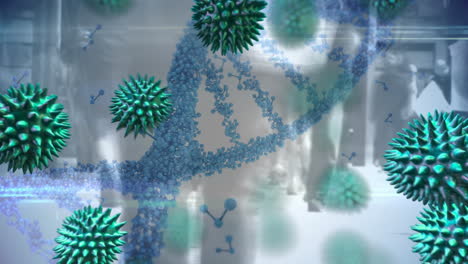 coronavirus cellen verspreiden en 3d dna roteren met voetgangers lopen