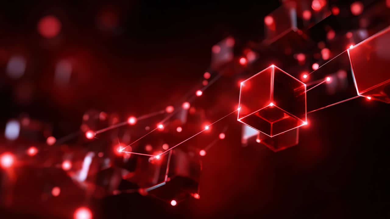 A Fusion of Light and Geometry: This Artwork Showcases an Intricate Network of Red-Illuminated Cubes and Lines Against a Dark Background, Making for a Stunning Abstract Visual Experience