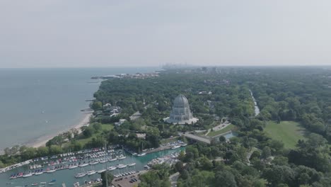 Aerial-footage-rotating-around-the-Baháʼí-House-of-Worship-in-Wilmette,-Illinois-north-of-Chicago