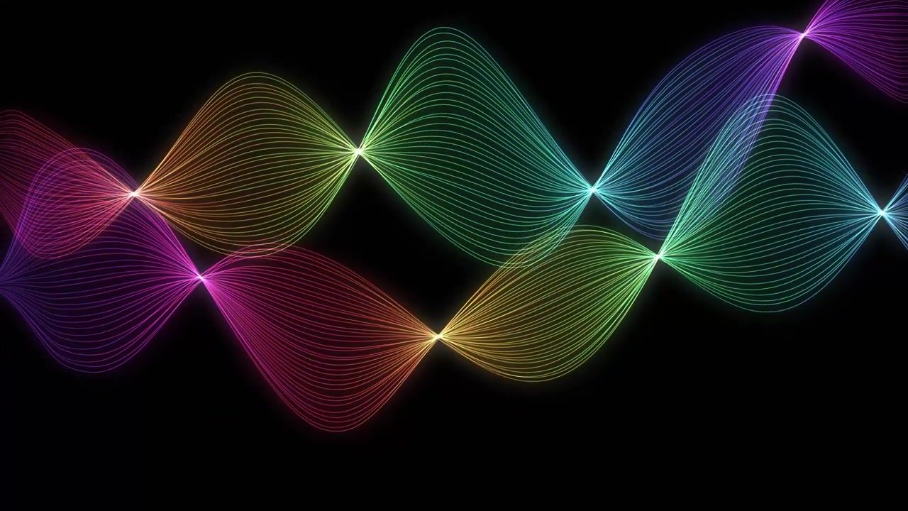 Abstract illuminated colorful light ribbons flow gracefully in a seamless wave pattern on black.