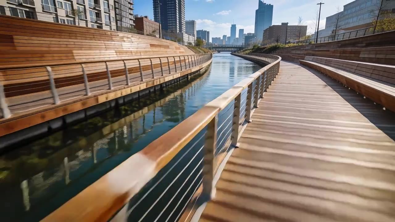 Telecamera che parte vicino a una ringhiera in metallo e legno, avanzando lungo una passerella di legno verso lo skyline.