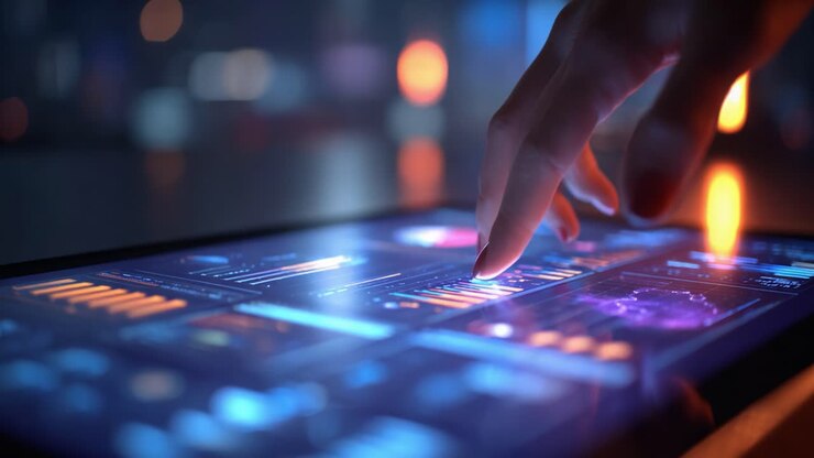 Primo piano di una mano con un display touchscreen futuristico, che mostra immagini dinamiche ed elementi di dati interattivi