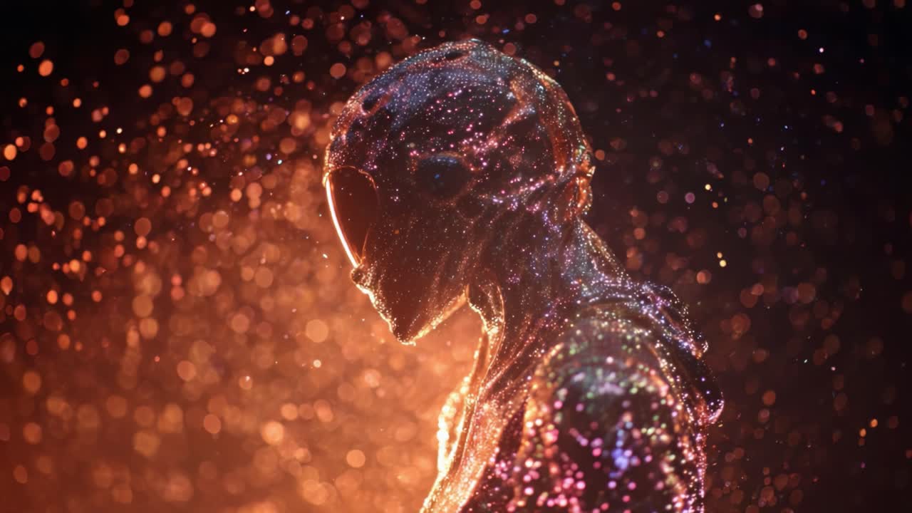 A stunning visual of a cosmic figure shrouded in a mesmerizing array of lights and particles, creating an enchanting atmosphere that captivates the imagination