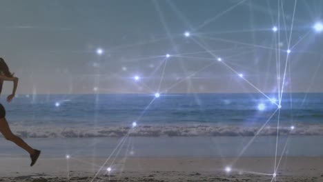 animation of networks of connections over caucasian woman running on beach