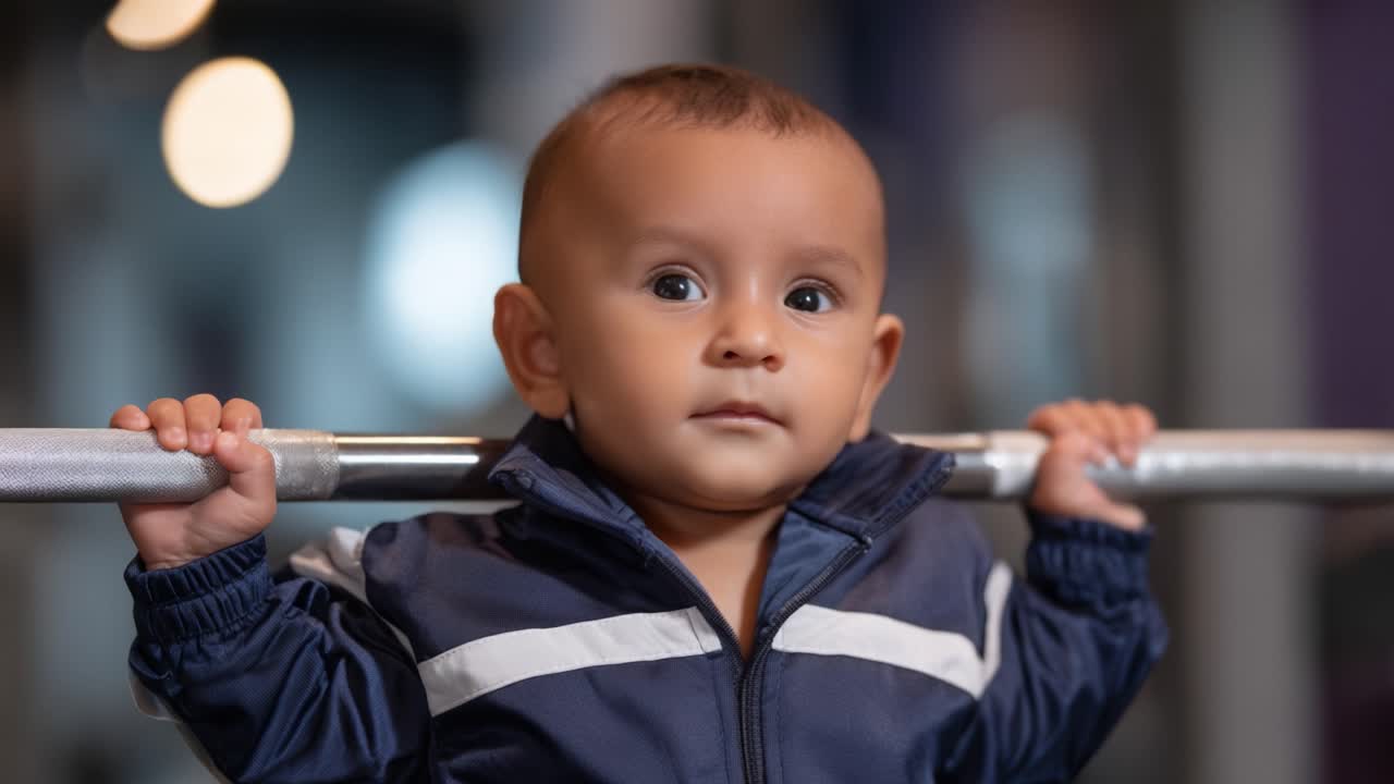 A Young Child's Strength and Determination: Engaging Moments Captured While a Baby Lifts a Barbell in a Gym Setting, Showing Growth and Potential in Fitness