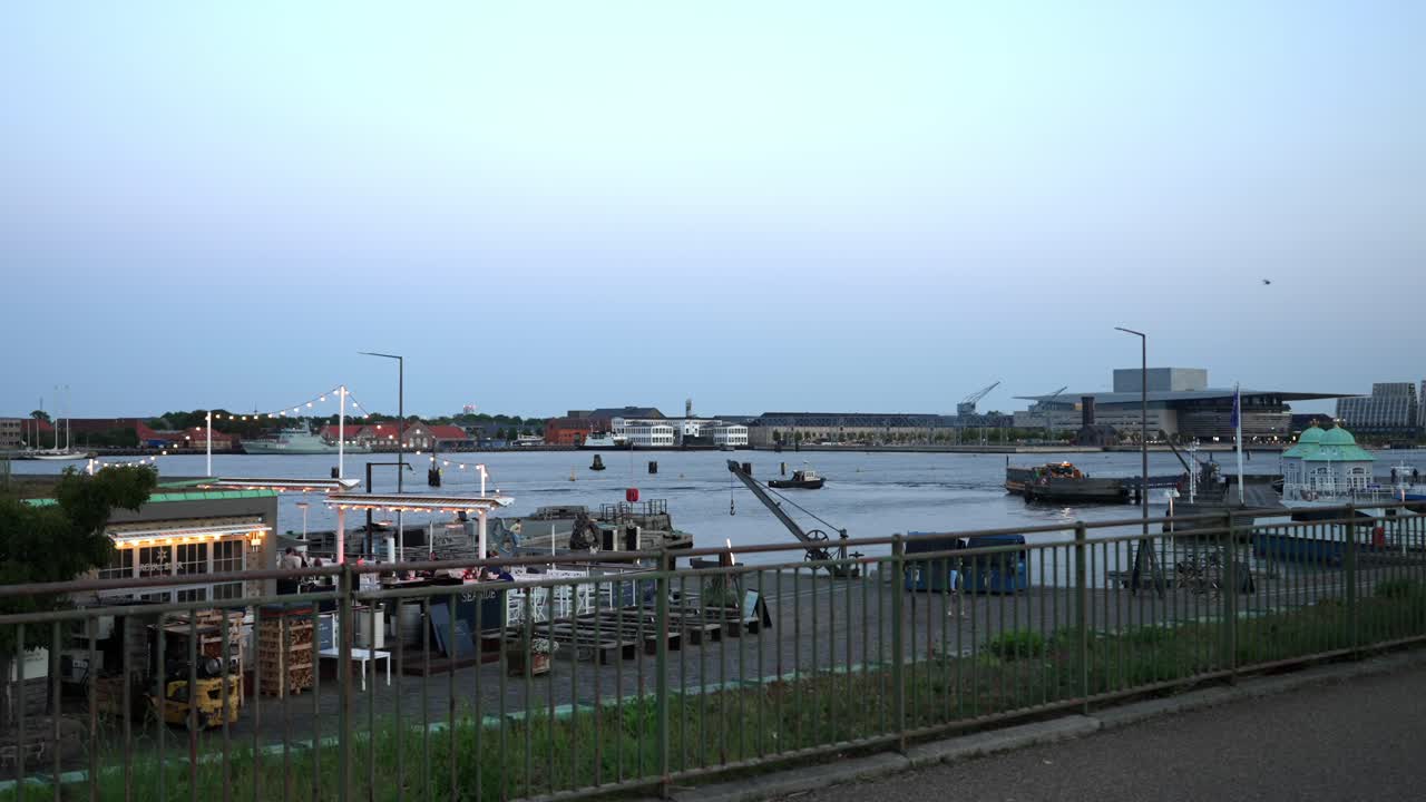 Danish Capital at Twilight, Copenhagen Harbor with Ships and Modern Buildings
