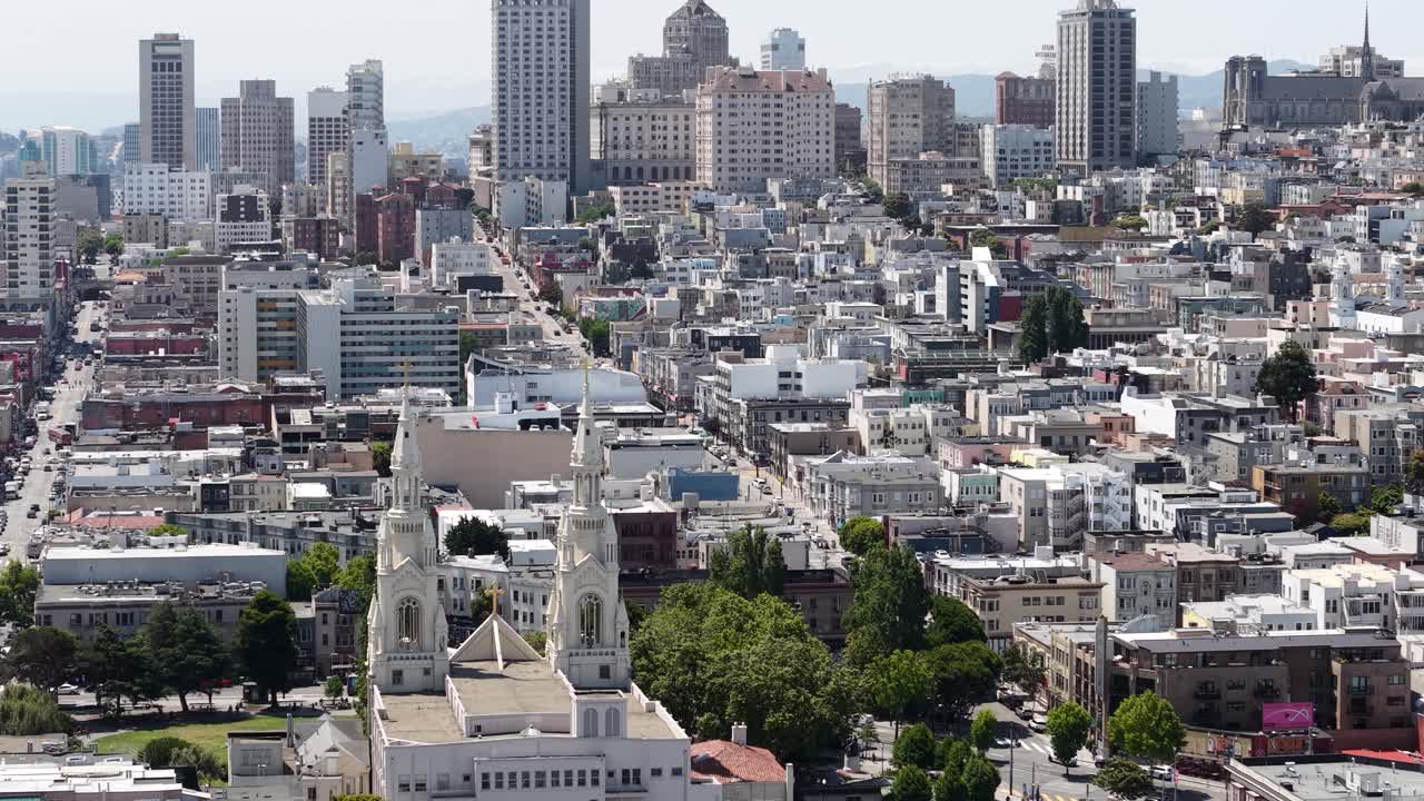 San Francisco USA, Drone Shot, St. Peter and Paul Church, North Beach and Nob HIll Neighborhood Buildings