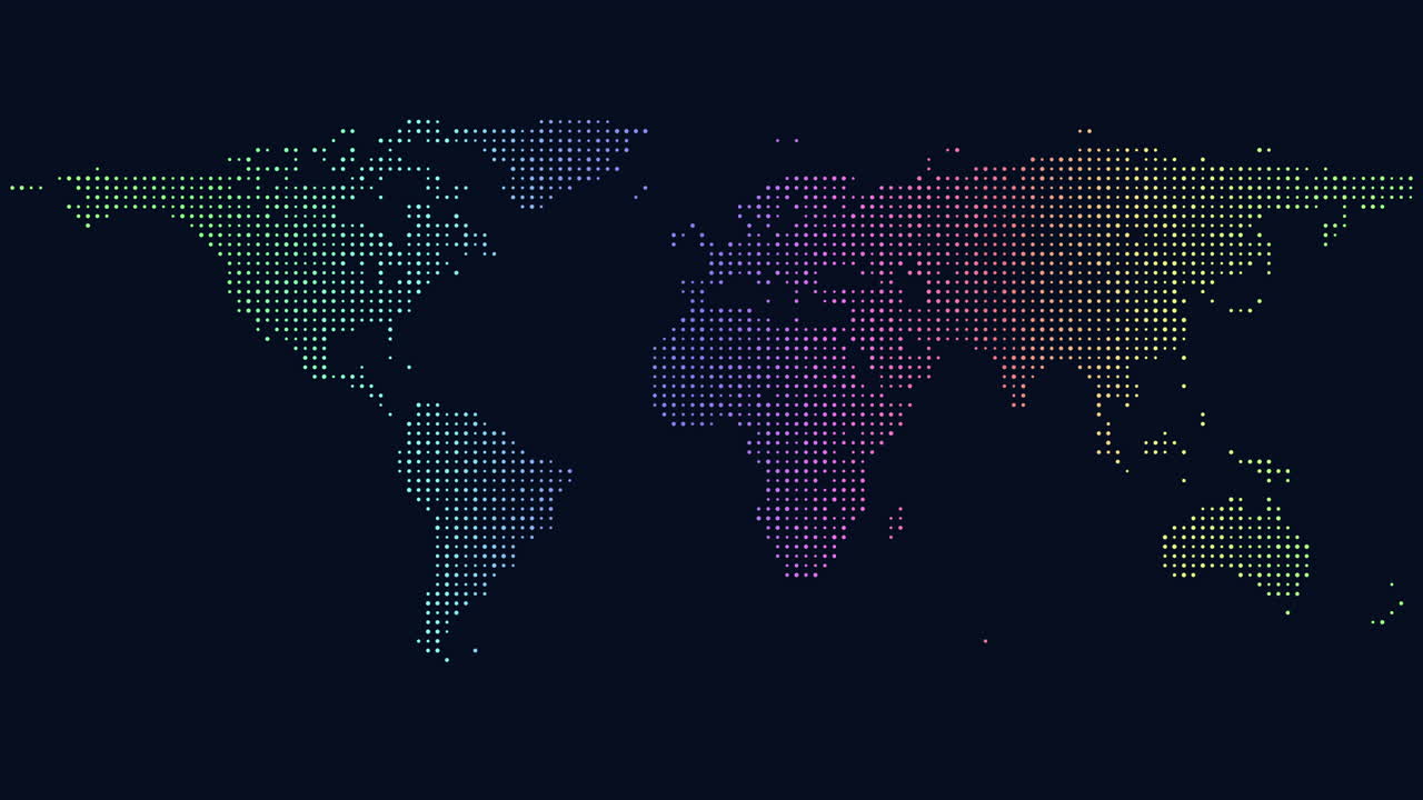 mapa mundial digital de puntos de arco iris de neón en degradado negro