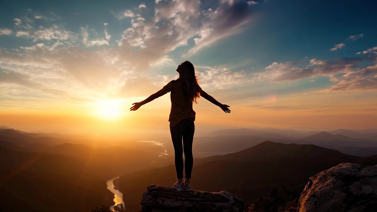 Donna in Piedi sulla Cima di una Montagna con le Braccia Distese al Tramonto